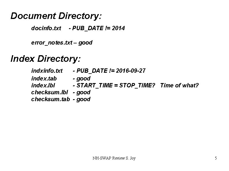 Document Directory: docinfo. txt - PUB_DATE != 2014 error_notes. txt – good Index Directory: