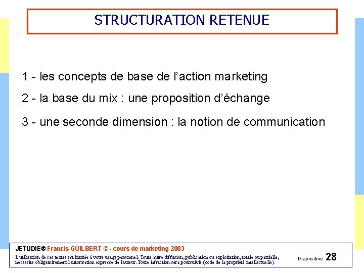 STRUCTURATION RETENUE 1 - les concepts de base de l’action marketing 2 - la