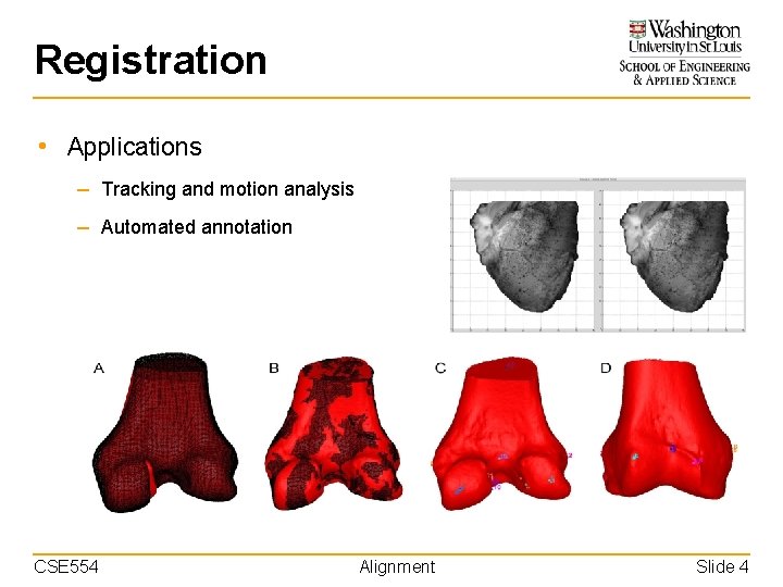 Registration • Applications – Tracking and motion analysis – Automated annotation CSE 554 Alignment