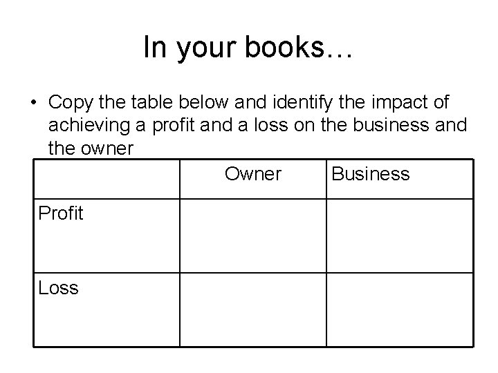 In your books… • Copy the table below and identify the impact of achieving