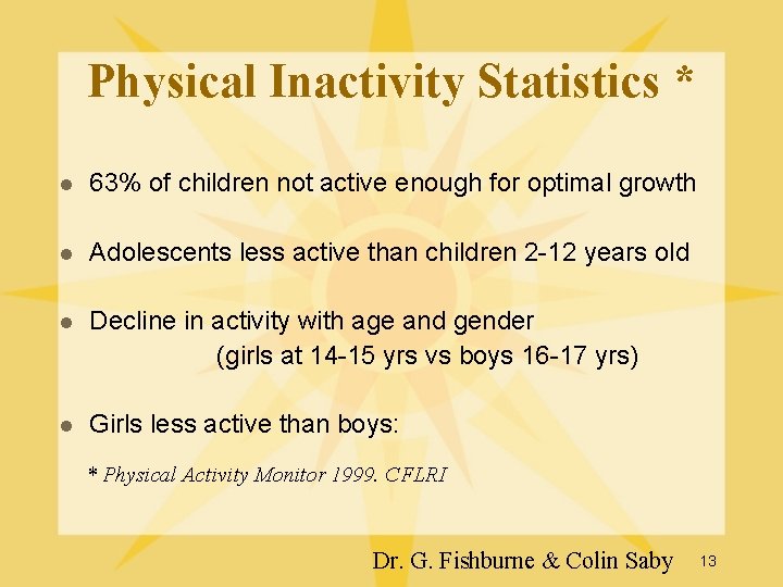 Physical Inactivity Statistics * l 63% of children not active enough for optimal growth Physical Inactivity Statistics * l 63% of children not active enough for optimal growth