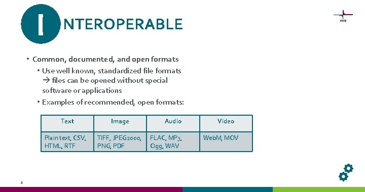 I NTEROPERABLE • Common, documented, and open formats • Use well known, standardized file