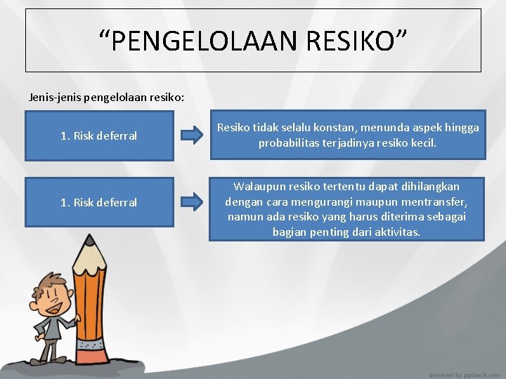 “PENGELOLAAN RESIKO” Jenis-jenis pengelolaan resiko: 1. Risk deferral Resiko tidak selalu konstan, menunda aspek