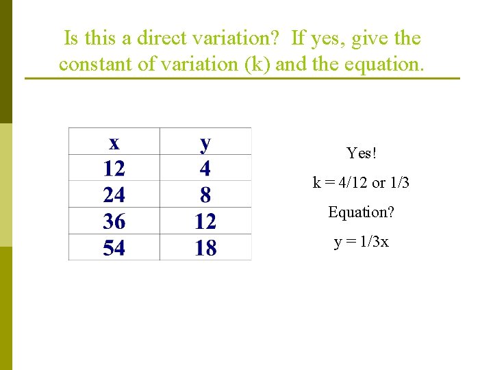 Is this a direct variation? If yes, give the constant of variation (k) and
