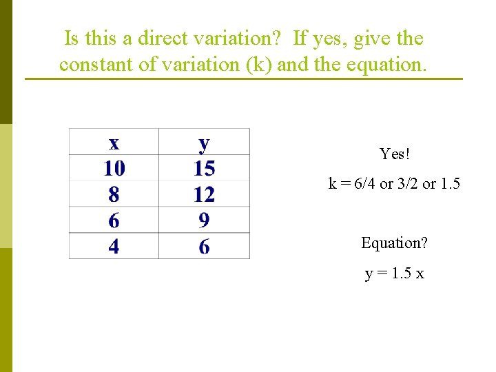 Is this a direct variation? If yes, give the constant of variation (k) and