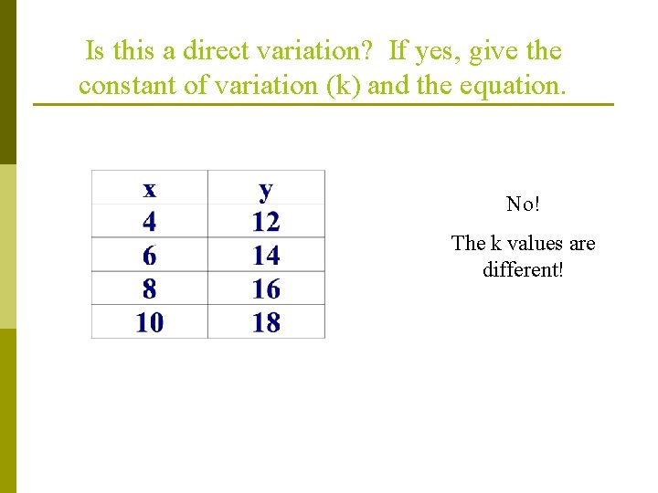 Is this a direct variation? If yes, give the constant of variation (k) and