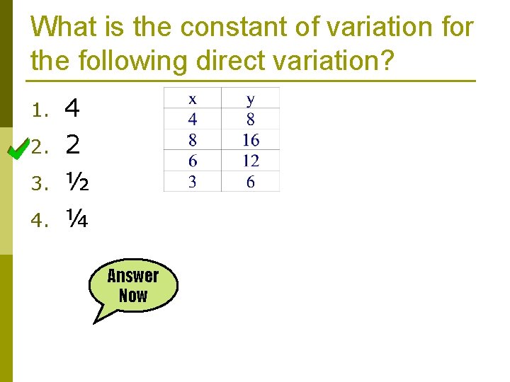 What is the constant of variation for the following direct variation? 1. 2. 3.