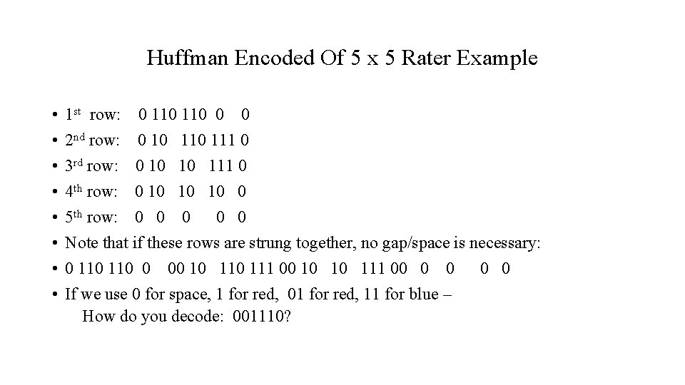 Huffman Encoded Of 5 x 5 Rater Example • • 1 st row: 0