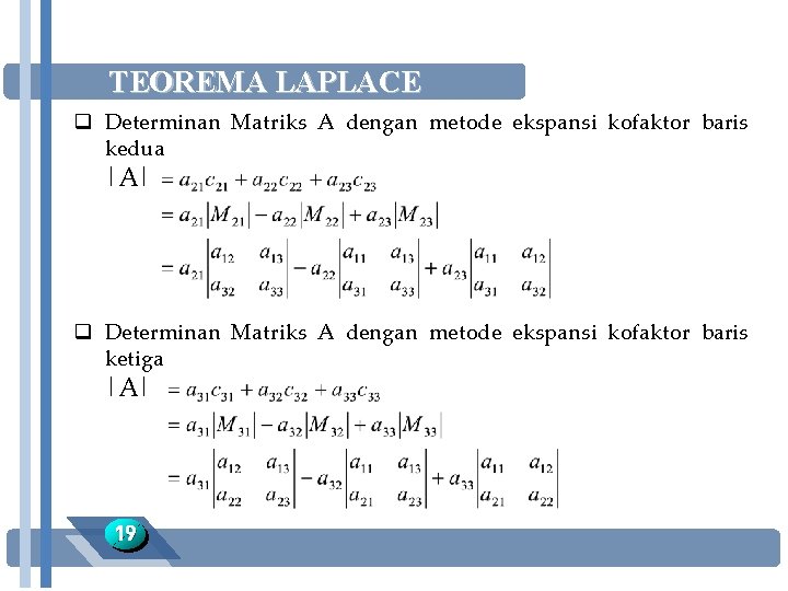 TEOREMA LAPLACE q Determinan Matriks A dengan metode ekspansi kofaktor baris kedua |A| q