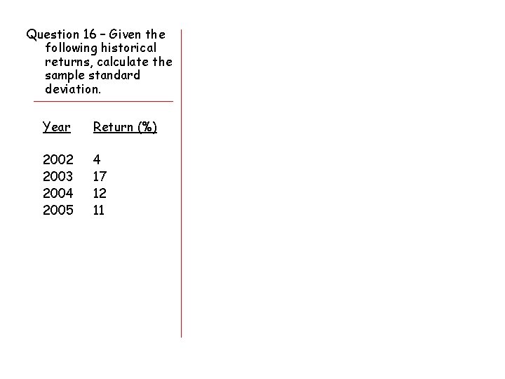 Question 16 – Given the following historical returns, calculate the sample standard deviation. Year