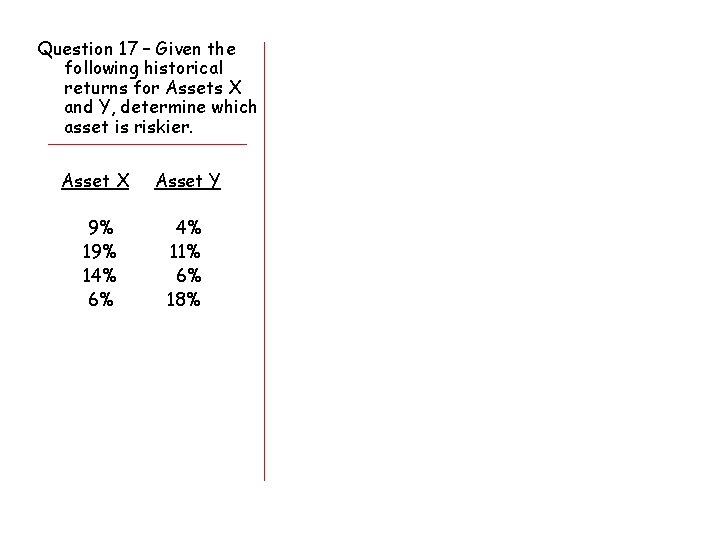 Question 17 – Given the following historical returns for Assets X and Y, determine