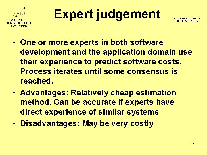 SAIGONTECH SAIGON INSTITUTE OF TECHNOLOGY Expert judgement HOUSTON COMMUNITY COLLEGE SYSTEM • One or