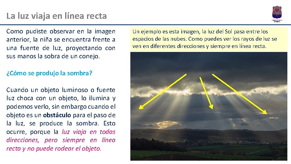 La luz viaja en línea recta Como pudiste observar en la imagen anterior, la