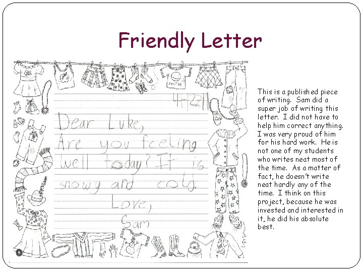 Friendly Letter This is a published piece of writing. Sam did a super job Friendly Letter This is a published piece of writing. Sam did a super job