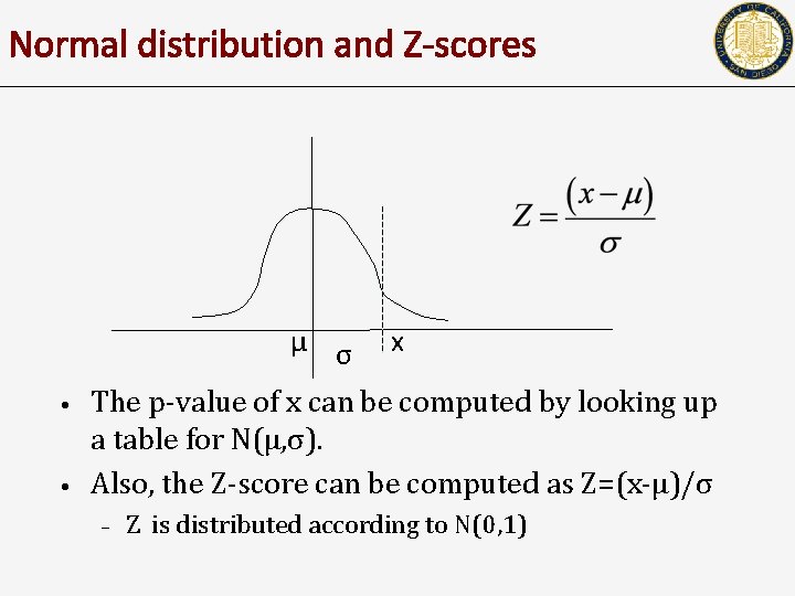 Normal distribution and Z-scores μ σ • • x The p-value of x can