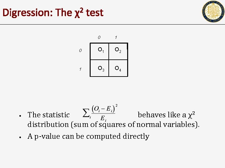 Digression: The χ2 test • • 0 1 0 O 1 O 2 1