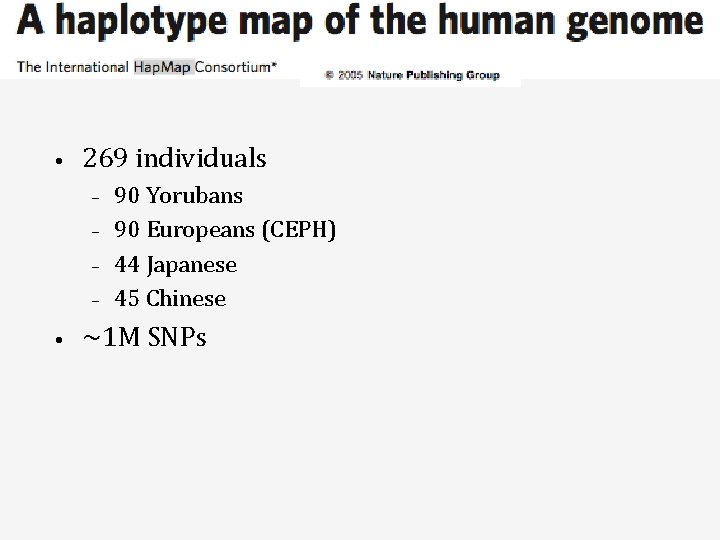  • 269 individuals – – • 90 Yorubans 90 Europeans (CEPH) 44 Japanese