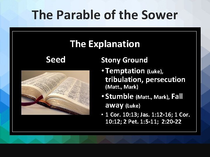 The Parable of the Sower The Explanation Seed Stony Ground • Temptation (Luke), tribulation,