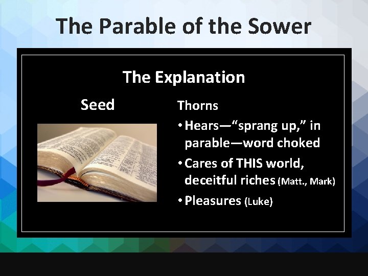 The Parable of the Sower The Explanation Seed Thorns • Hears—“sprang up, ” in