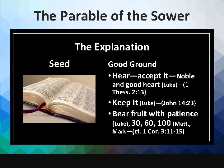 The Parable of the Sower The Explanation Seed Good Ground • Hear—accept it—Noble and