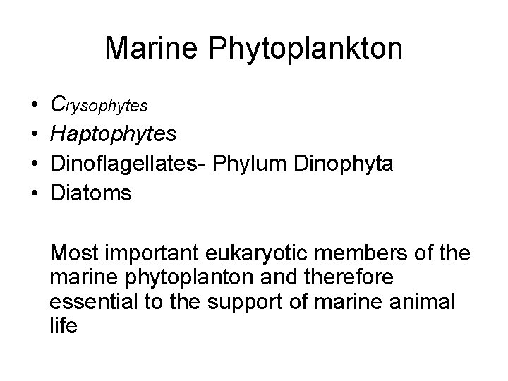 Marine Phytoplankton • • Crysophytes Haptophytes Dinoflagellates- Phylum Dinophyta Diatoms Most important eukaryotic members