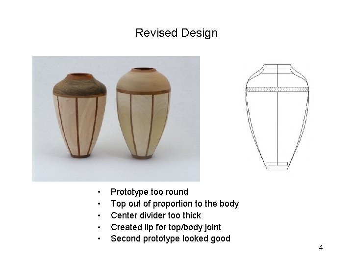 Revised Design • • • Prototype too round Top out of proportion to the