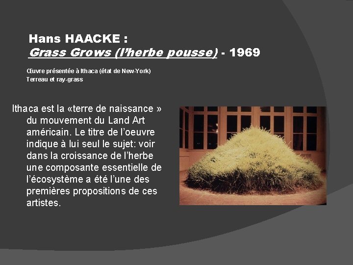 Hans HAACKE : Grass Grows (l’herbe pousse) - 1969 Œuvre présentée à Ithaca (état