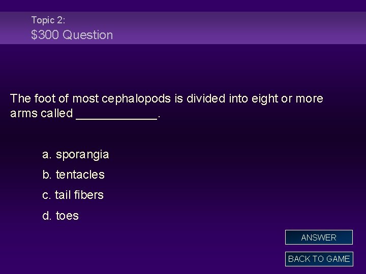 Topic 2: $300 Question The foot of most cephalopods is divided into eight or