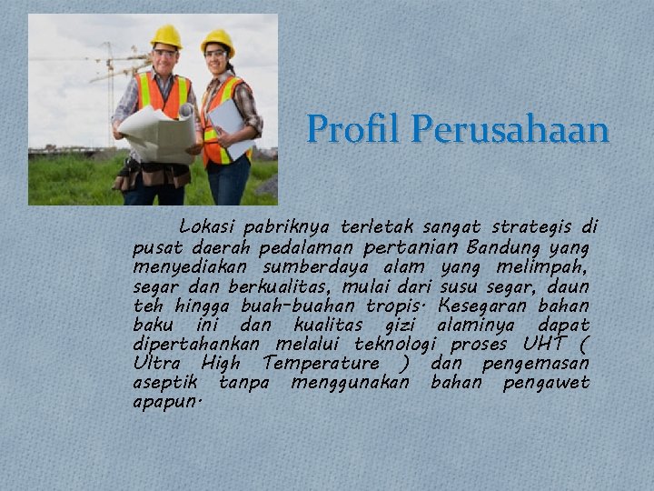 Profil Perusahaan Lokasi pabriknya terletak sangat strategis di pusat daerah pedalaman pertanian Bandung yang