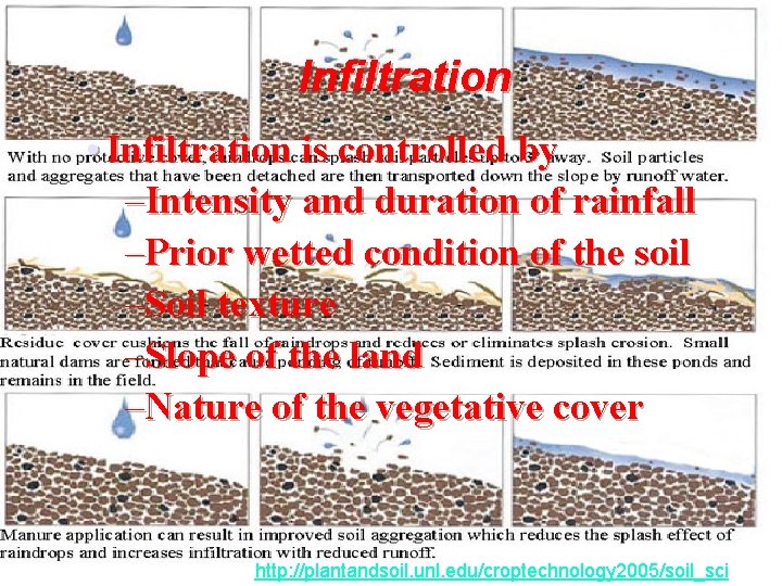 Infiltration • Infiltration is controlled by –Intensity and duration of rainfall –Prior wetted condition