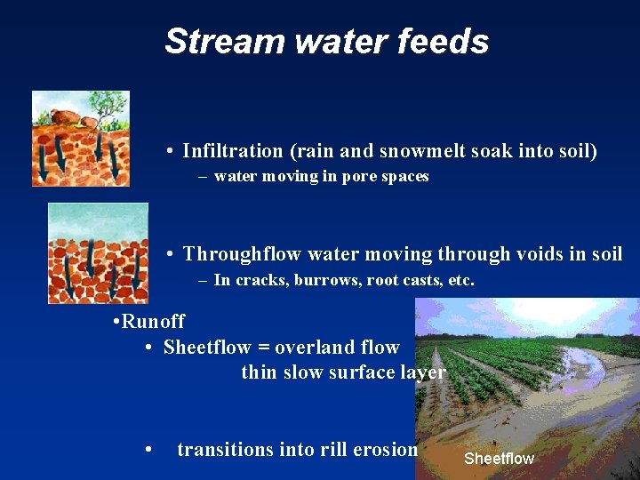 Stream water feeds • Infiltration (rain and snowmelt soak into soil) – water moving
