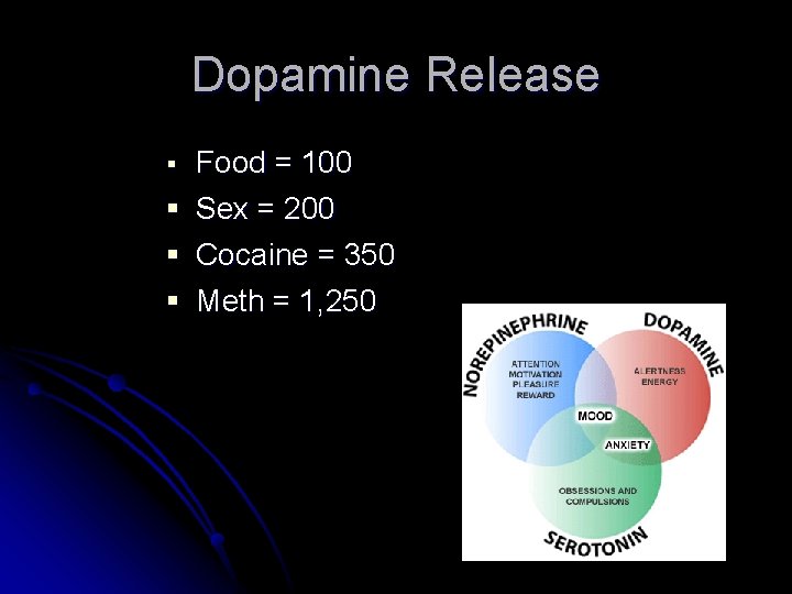 Dopamine Release Food = 100 § Sex = 200 § Cocaine = 350 §