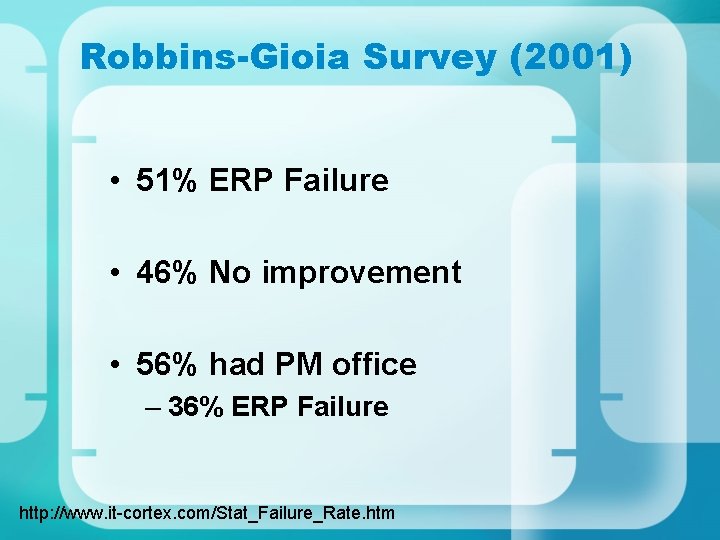 Robbins-Gioia Survey (2001) • 51% ERP Failure • 46% No improvement • 56% had