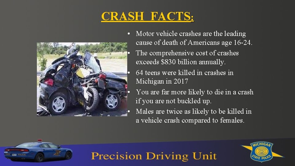 CRASH FACTS: • Motor vehicle crashes are the leading cause of death of Americans