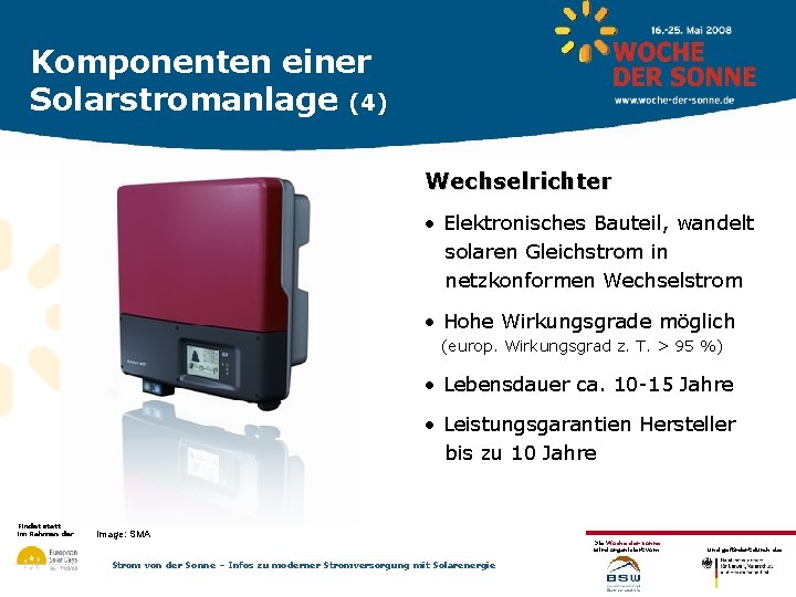 Komponenten einer Solarstromanlage (4) Wechselrichter • Elektronisches Bauteil, wandelt solaren Gleichstrom in netzkonformen Wechselstrom