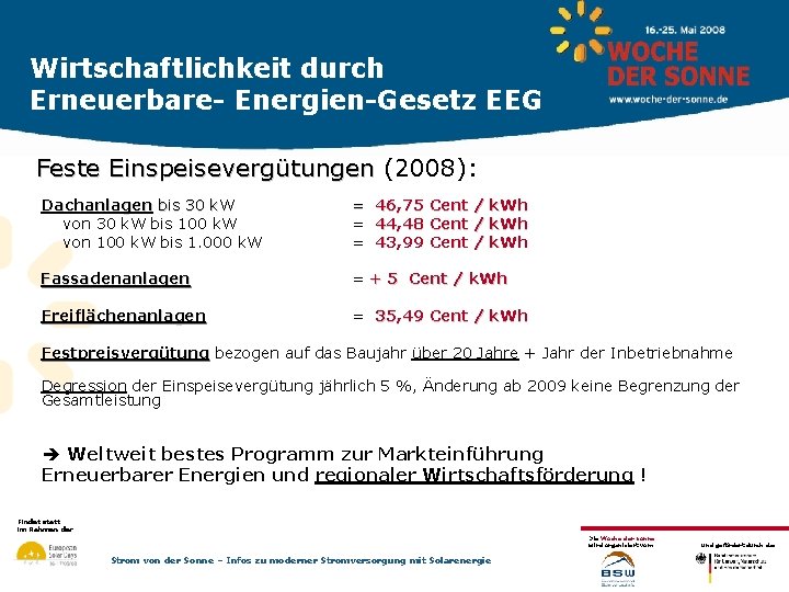 Wirtschaftlichkeit durch Erneuerbare- Energien-Gesetz EEG Feste Einspeisevergütungen (2008): Dachanlagen bis 30 k. W von