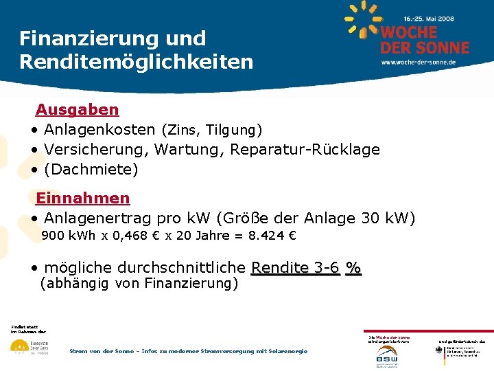 Finanzierung und Renditemöglichkeiten Ausgaben • Anlagenkosten (Zins, Tilgung) • Versicherung, Wartung, Reparatur-Rücklage • (Dachmiete)