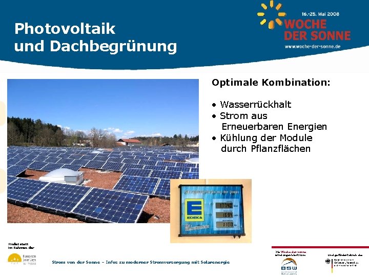 Photovoltaik und Dachbegrünung Optimale Kombination: • Wasserrückhalt • Strom aus Erneuerbaren Energien • Kühlung