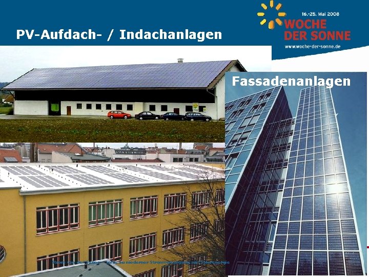 PV-Aufdach- / Indachanlagen Fassadenanlagen Findet statt im Rahmen der Die Woche der Sonne wird