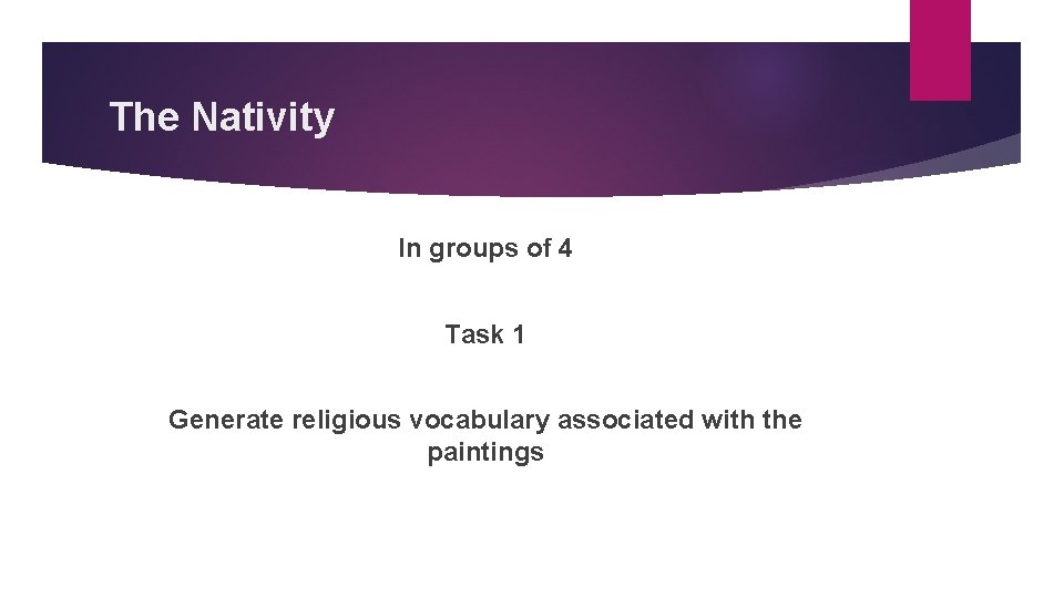 The Nativity In groups of 4 Task 1 Generate religious vocabulary associated with the