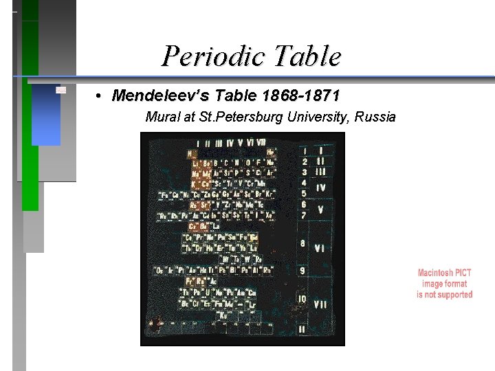 Periodic Table • Mendeleev’s Table 1868 -1871 Mural at St. Petersburg University, Russia 