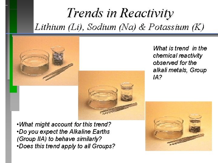 Trends in Reactivity Lithium (Li), Sodium (Na) & Potassium (K) What is trend in