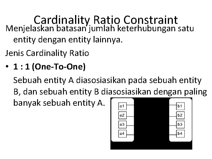 Cardinality Ratio Constraint Menjelaskan batasan jumlah keterhubungan satu entity dengan entity lainnya. Jenis Cardinality