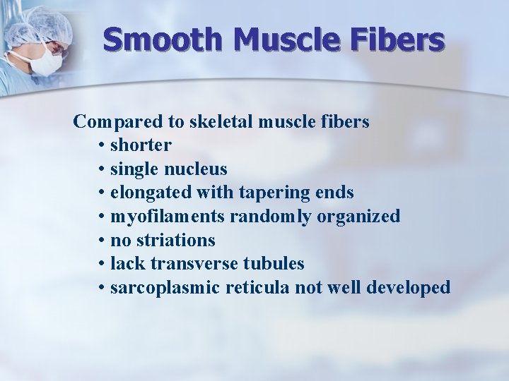 Smooth Muscle Fibers Compared to skeletal muscle fibers • shorter • single nucleus •