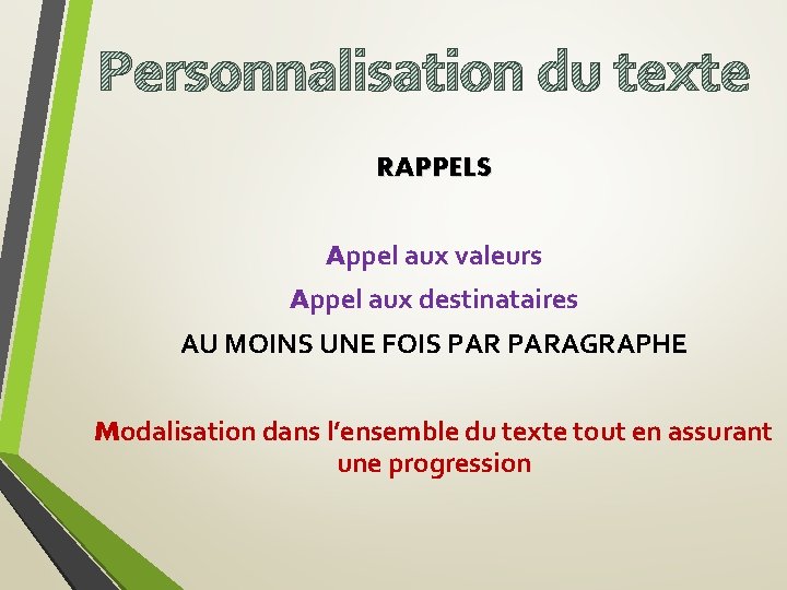 Personnalisation du texte RAPPELS Appel aux valeurs Appel aux destinataires AU MOINS UNE FOIS