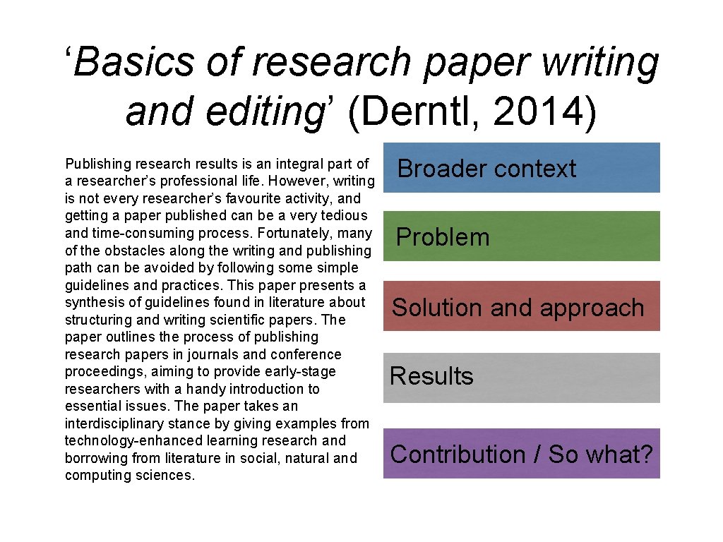 ‘Basics of research paper writing and editing’ (Derntl, 2014) Publishing research results is an