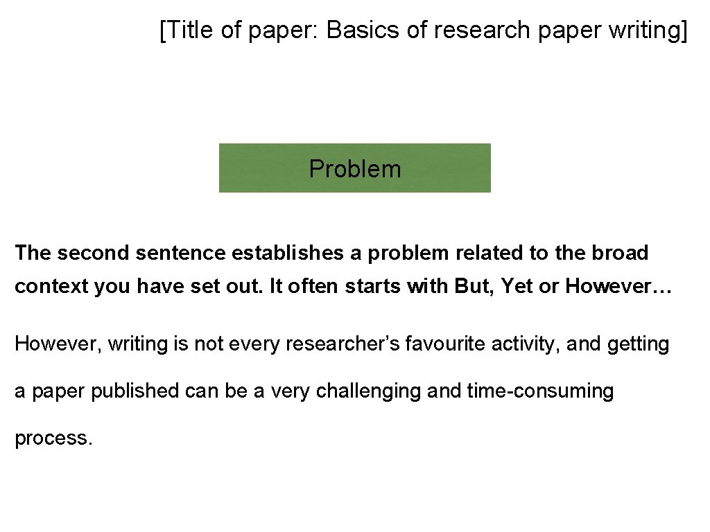 [Title of paper: Basics of research paper writing] Problem The second sentence establishes a