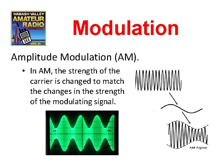 Modulation Amplitude Modulation (AM). • In AM, the strength of the carrier is changed