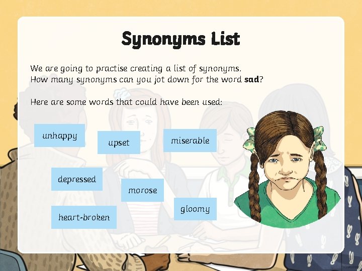 Synonyms List We are going to practise creating a list of synonyms. How many