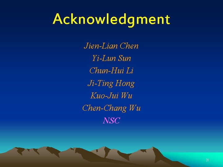 Acknowledgment Jien-Lian Chen Yi-Lun Sun Chun-Hui Li Ji-Ting Hong Kuo-Jui Wu Chen-Chang Wu NSC Acknowledgment Jien-Lian Chen Yi-Lun Sun Chun-Hui Li Ji-Ting Hong Kuo-Jui Wu Chen-Chang Wu NSC